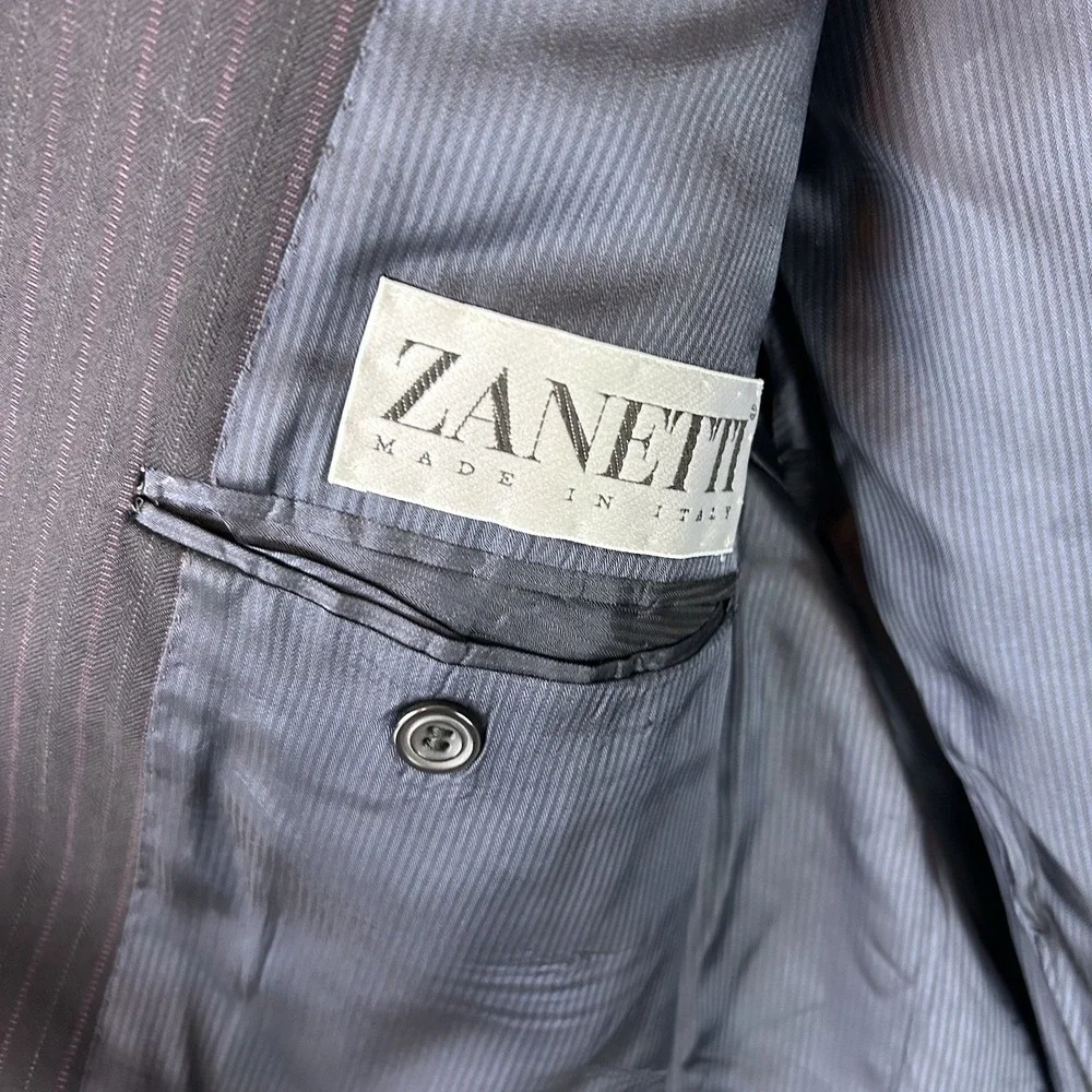 Zanetti Blazer US Size 44 Long Mens Black‎ Purple Pinstripe 100% Wool Super 120